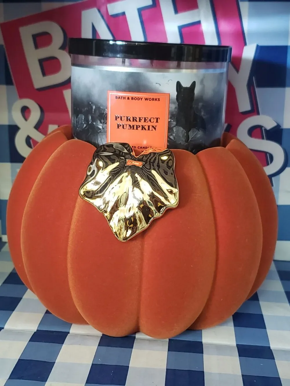 BBW Orange Flocked Velvet Pumpkin Large 3 Wick Candle Pedestal Holder Home Decor